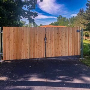 Double swing gate with Galvanized steel frame with wood attached - outside View